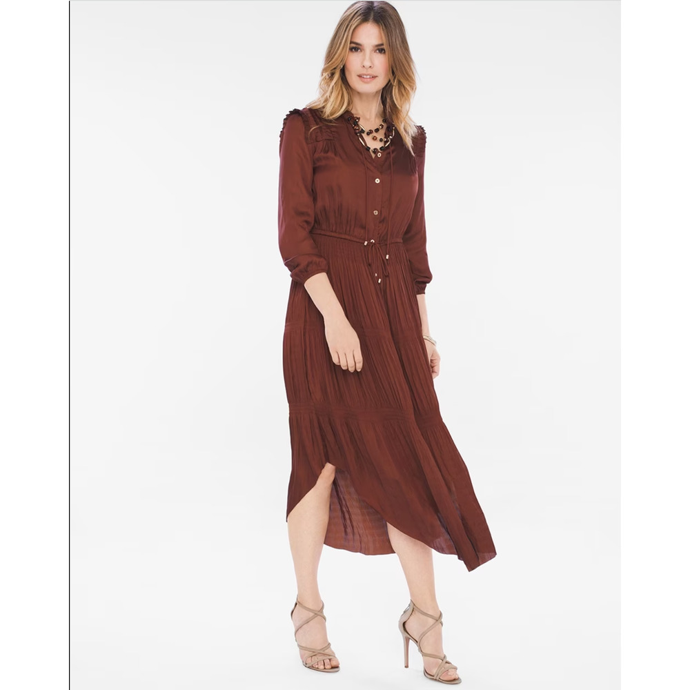 Chicos Women 3 XL 16 Dress Peasant Detail Boho Chic Pleat Button Down Midi New